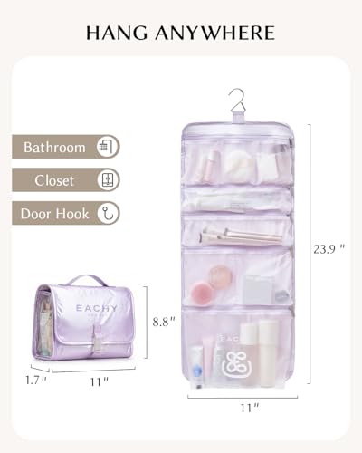 EACHY Hanging Toiletry Bag with Buckle Closure, Ultra-Lightweight Travel Essentials, Waterproof Toiletry Bag for Women Men, Portable Makeup Organizer with Matte TPU Pockets and Hanging Hook