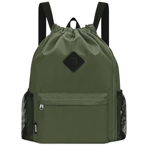 WANDF Drawstring Backpack with Shoe Compartment, Sports Gym Bag - color: L, Dark Green, size: Large