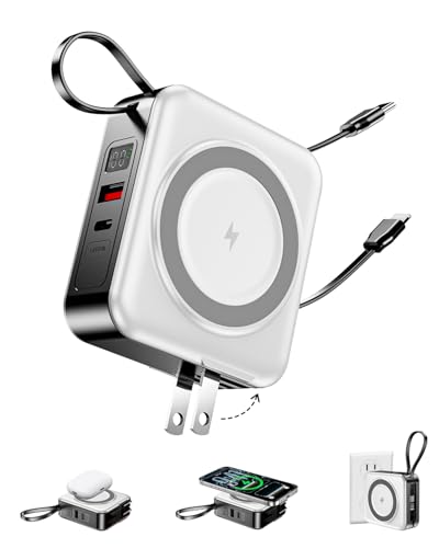10000mAh for Magsafe Portable Charger Built-in Cables & AC Wall Plug,White - color: White