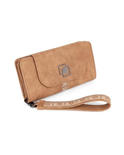 FADEON Leather Wallets for Women, Designer Large RFID Blocking Trifold - color: Camel Brown Nubuck Style