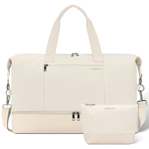 Women's Weekender bag Travel Duffel Bag with Shoe Compartment 21-inch Airline-Approved Carry-On, 2-Piece Overnight Bag Set Personal Item Luggage - color: 1A-Beige