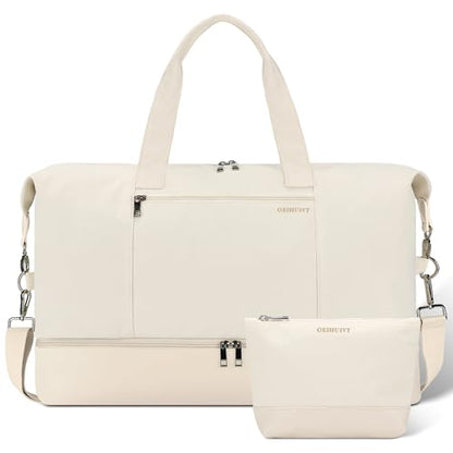 Women's Weekender bag Travel Duffel Bag with Shoe Compartment 21-inch Airline-Approved Carry-On, 2-Piece Overnight Bag Set Personal Item Luggage - color: 1A-Beige
