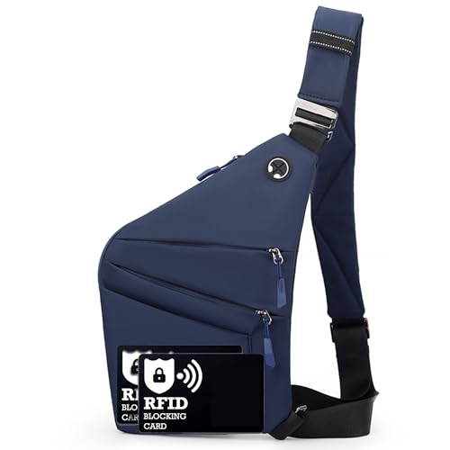 Anti Theft Crossbody Bags for Women Men, Multi-Pocket Shoulder Bag, Slim Sling Bags with 2 RFID Blocking Card - color: Right Shoulder-blue