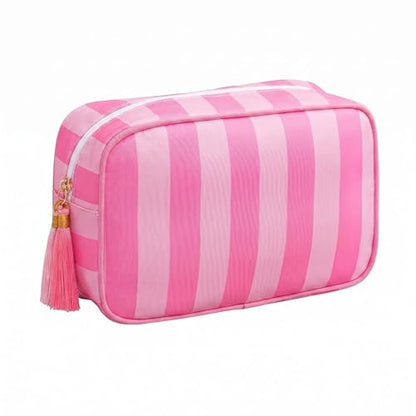 Preppy Striped Makeup Bag for Women, Structured Travel Cosmetic Pouch with Protective Sponge Padding, Large Canvas Toiletry Organizer with Tassel Zipper for Daily Purse(Pink) - color: Pink