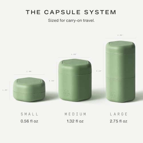 Cadence Travel Containers - 2pk (1 Small, 0.56oz + 1 Medium, 1.32oz), Eucalyptus - TSA Approved, Leak Proof, Magnetic Basic Body Care Capsules - Carry On Travel Essentials - Body Wash & Lotion Labels - color: Eucalyptus, size: Bodycare (Set of 2)