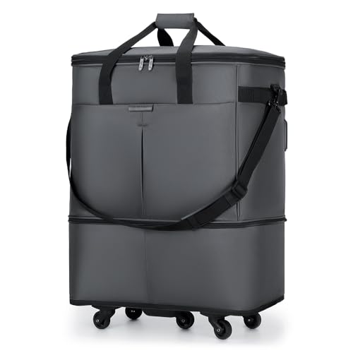 Large Capacity Rolling Duffle Bag,Expandable Foldable Suitcase for Travel,Collapsible Luggage Duffel Overnight Weekend Bags without Telescoping Handle - color: Grey