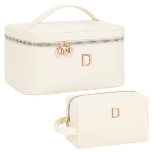 Women Daily Use & Travel Personalized Makeup Bag with Metal Letter Patch D | Women Large Travel Custom Initial Makeup Bag, Cosmetic Organizer Spacious PU Leather Toiletry Case with Handle & Divider - size: D