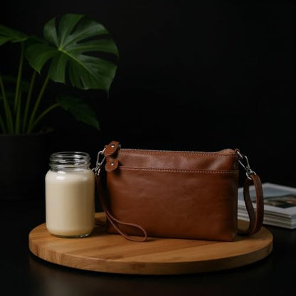 befen Genuine Leather Wristlet Clutch Wallet Purses with RFID Blocking | Small Crossbody Bags Shoulder Handbag for Women, Genuine Leather Wristlet Clutch Wallet Purses with RFID Blocking - color: Cognac Brown