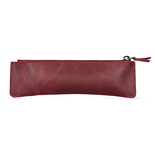 Londo Genuine Leather Pen Case with Zipper Closure, Pencil Pouch Stationery Bag - color: Maroon