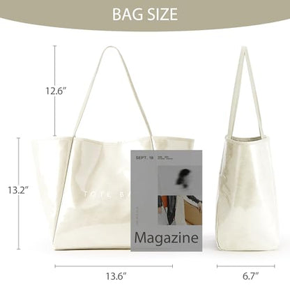 KALIDI PVC Tote Bag Women Large Kraft Paper Travel Beach Bag Jelly Purses - color: #2 Beige Set