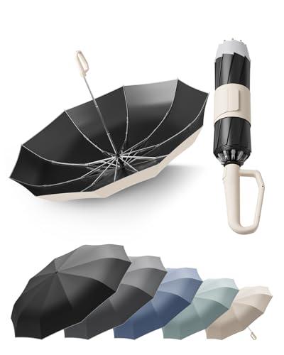 Windproof Travel Umbrella for Rain, Withstand 85MPH Winds, 52 Inch Automatic Reverse Fold Umbrellas Easy Auto Open Close, Portable Compact Umbrella Includes Cover Bag, Perfect for Travel, Car, Commute, Women Men, Backpack - color: UV Beige