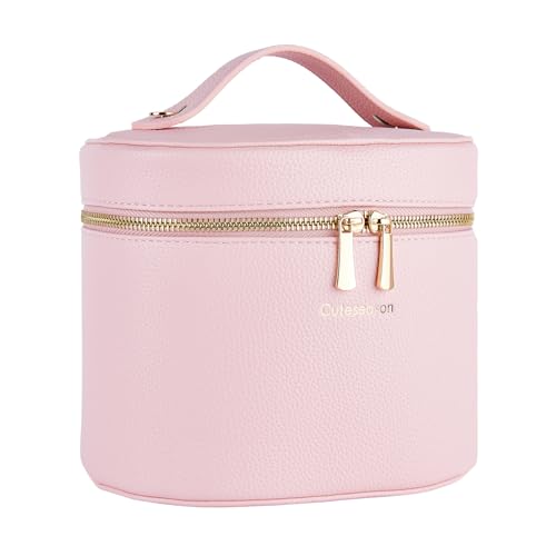 Makeup Bag with Removable Organizer Insert, PU Leather Travel Cosmetic Case with Brush Storage and Carry Handle(Pink) - color: Pink