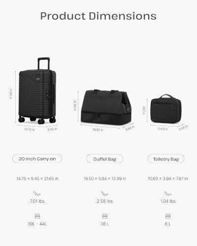 Coolife 3 Piece: Carry-On Suitcase, Duffel, Hanging Organizer - color: Black, size: 3-Piece Set (20''/Duffel/Toiletry Bag)
