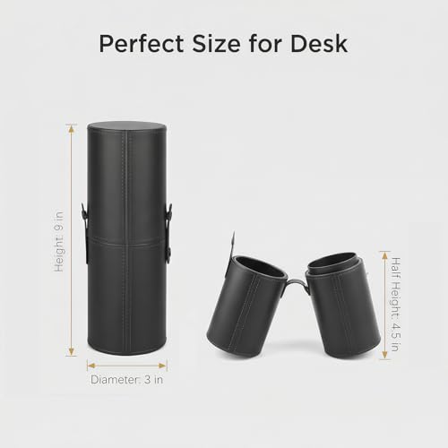 PU Leather Makeup Brush Holder Travel Makeup Brushes Case Makeup Brush Case Organizer Cosmetic Cup Cylinder Makeup Brush Storage Box with Button for Women (Black)