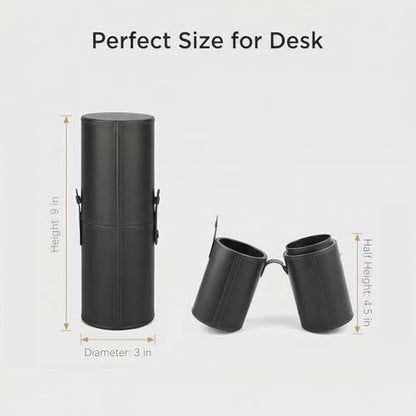 PU Leather Makeup Brush Holder Travel Makeup Brushes Case Makeup Brush Case Organizer Cosmetic Cup Cylinder Makeup Brush Storage Box with Button for Women (Black)