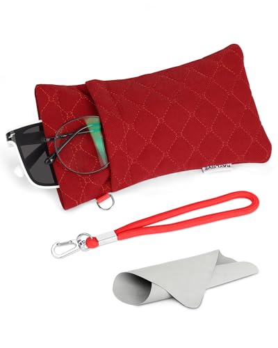RayLove Double Glasses Case with Carrying Strap and Cleaning Cloth - color: Linen Red