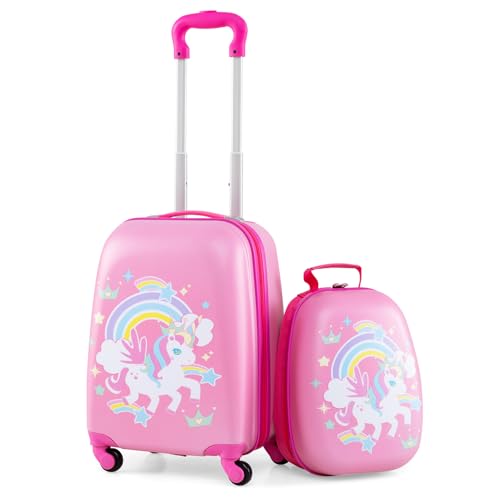 GYMAX Kids Carry On Luggage Set, 12" & 16" 2PCS Rolling Suitcase - color: Crown Pony