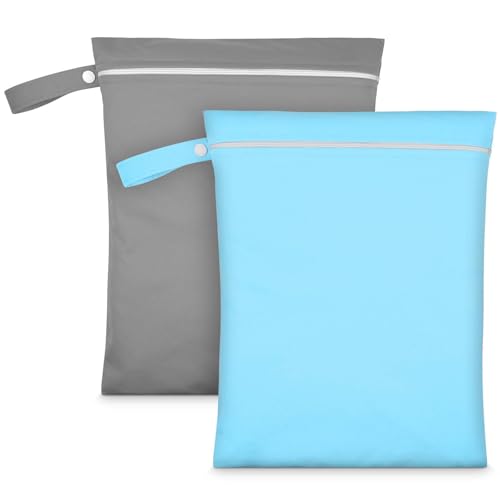 2PCS Wet Bags, Waterproof Reusable Cloth Diaper Bags, Grey + Blue - color: Grey & Blue - 2 Pieces - 30 x 40 cm