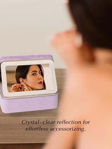 Velvet Travel Jewelry Organizer Case with Large Mirror for Women - color: Lavender