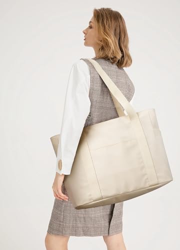 WLLWOO Large Tote Bag, 14” Laptop Work Travel Bag with Trolley Sleeve - color: Beige