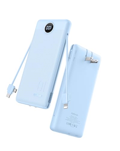 VRURC 10000mAh Portable Charger with Built-in Cables and AC Plug, Blue | 22.5W fast charge, LED display, Micro, USB-C and Phone cables, 4 outputs, 8 oz, airline approved - color: Blue