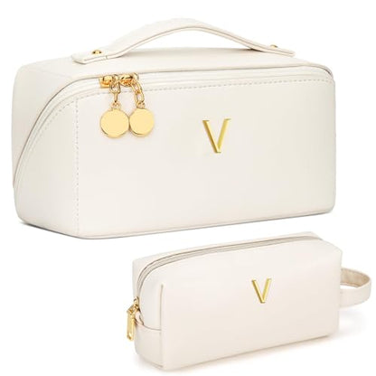 KKXIU Initial Makeup Bag for Women, Personalized Gifts for Women - color: Beige, style: V