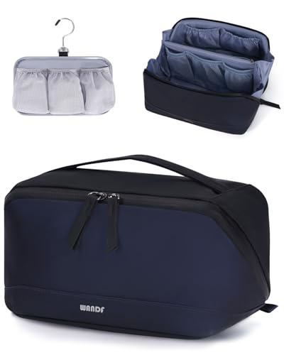 WANDF PU Leather Toiletry Bag for Men, Dopp Kit with Hanging Pouch - color: Medium Plus, Navy Blue, size: Medium Plus