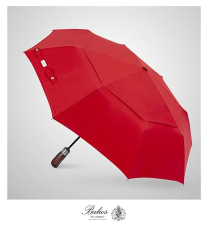 Balios Folding Umbrella Real Wood Handle Auto Open Close - color: Vibrant Red