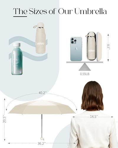 Seniny Mini Travel Umbrella with Case, Compact Pocket Size UV Sun & Rain - color: Beige