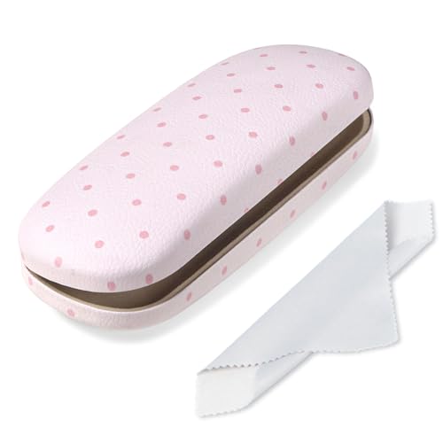 Glasses Case Hard Shell, Cute Sunglasses Case for Women Leather Protective Case for Eyeglass with Cleaning Cloth - color: Pink Polka Dot
