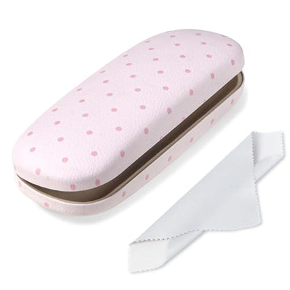 Glasses Case Hard Shell, Cute Sunglasses Case for Women Leather Protective Case for Eyeglass with Cleaning Cloth - color: Pink Polka Dot
