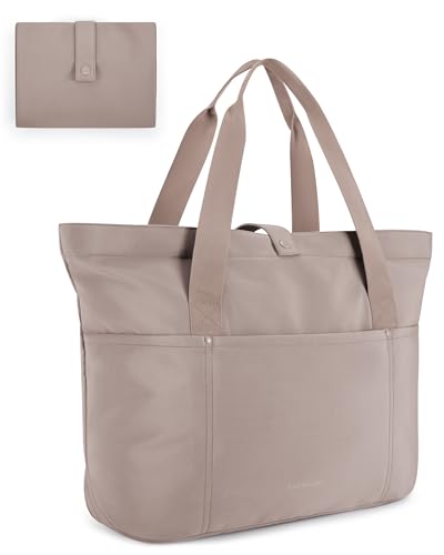 BAGSMART Tote Bag for Women, Foldable Tote Bag With Zipper Travel Shoulder Bag Handbag for Work - color: Grayish Brown
