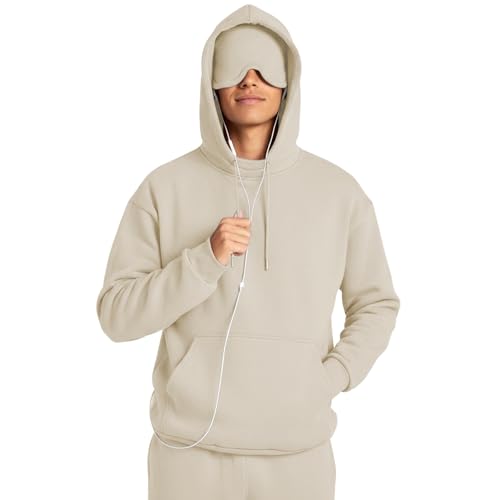 Ainangua Mens Oversized Pullover Essentials Hoodie with Eye Mask Built In Comfor Airplane Mode Travel Sleep Wearable Blanket - color: Khaki, size: Small