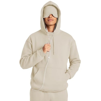 Ainangua Mens Oversized Pullover Essentials Hoodie with Eye Mask Built In Comfor Airplane Mode Travel Sleep Wearable Blanket - color: Khaki, size: Small
