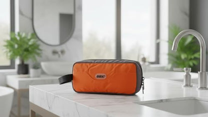 Small Travel Toiletry Bag for Men, Dopp Kit Mens, Zipper Pouch for Travel - color: Orange/Grey