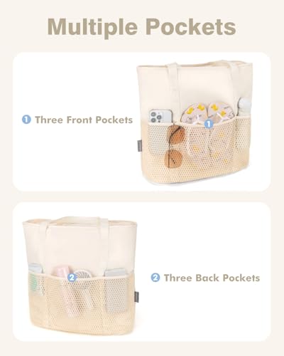 KABAQOO Large Beach Bag Waterproof Sandproof Tote Bag for Women with Zipper & Mesh Pockets for Pool Swim Travel Everyday - color: Beige