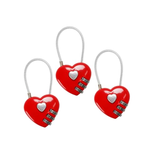 3Pcs Red Mini Love Heart Lock, Heart Padlock, Mini Code Lock,Padlocks and Hasps,Bags/Suitcase/Lockers/Backpacks/Jewelry Boxes Wire Rope 3-Digit Code Combination Padlock for Travel