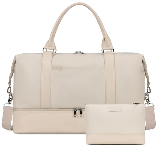 Women's Weekender bag Travel Duffel Bag with Shoe Compartment 21-inch Airline-Approved Carry-On, 2-Piece Overnight Bag Set Personal Item Luggage - color: D-Beige