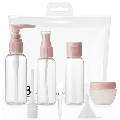 8 PACK Portable Travel Refillable Bottles Set – Transparent Plastic Spray and Cream Containers for Lotion, Shampoo, Skincare, and Toiletries