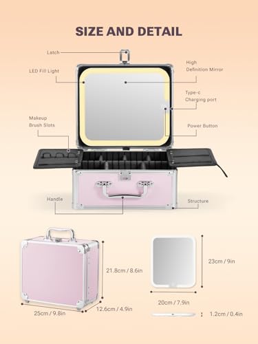 Qislee Makeup Box with Detachable Magnetic LED Mirror, Travel Train Case - color: Icy Pink, size: Small