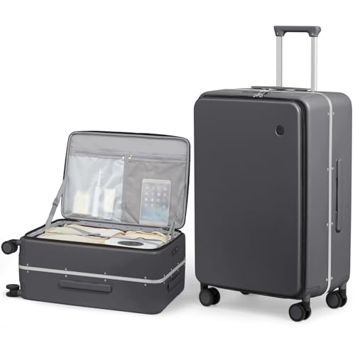 mixi 26 Inch Large Checked Luggage PC Hard Shell Suitcase Top Opening Aluminum Frame Travel Suitcases with Wheels, Rock Gray - color: Rock Gray, size: 26 inch