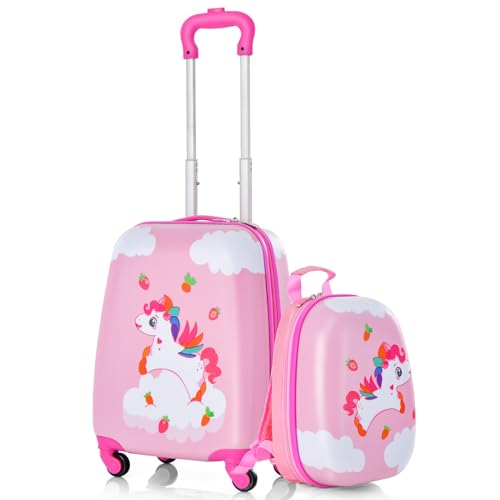 GYMAX 아동용 휴대용 수하물 세트, 30.5cm(12인치) 및 40.6cm(16인치) 롤링 슈트케이스 2개 - color: 스트로베리 포니