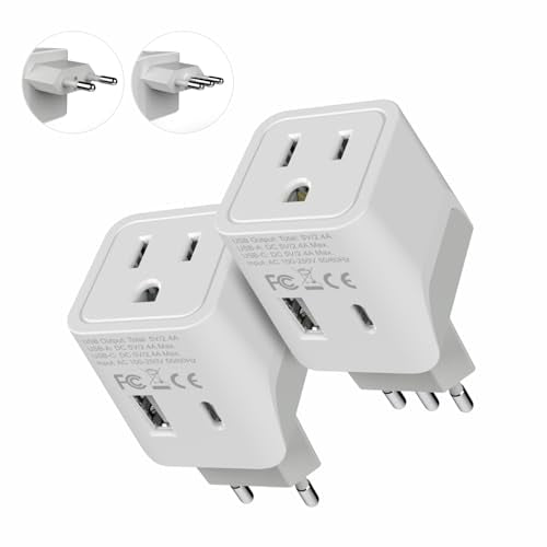 Ceptics Italy, Europe Travel Adapter Plug Set - 2 Pack - with 2 USB + USA Socket Input - Type L and Type C - Ultra Compact - Safe Grounded Perfect for Cell Phones, Laptops, Camera Chargers