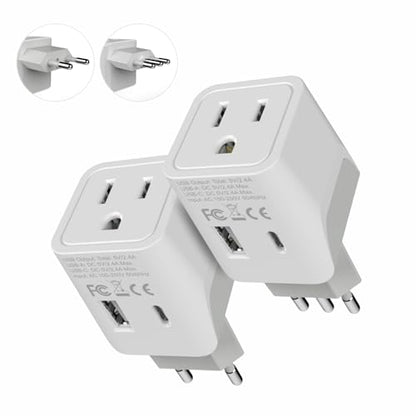 Ceptics Italy, Europe Travel Adapter Plug Set - 2 Pack - with 2 USB + USA Socket Input - Type L and Type C - Ultra Compact - Safe Grounded Perfect for Cell Phones, Laptops, Camera Chargers