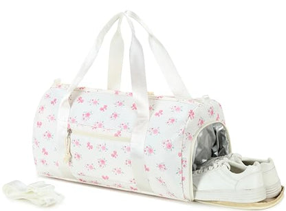 Dance Bag, Gym Bag for Girls, Kids Duffle Bag with Shoe & Wet Compartments - color: Beige flower