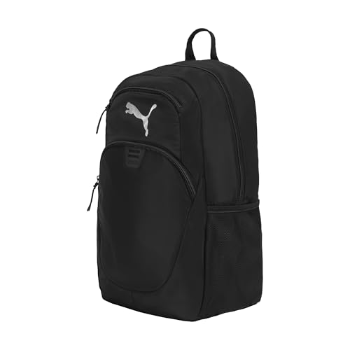 PUMA Women's Poppy Backpack in Memory Cloth with Laptop Sleeve, Luggage Strap & Water Bottle Pockets - color: Black/Silver