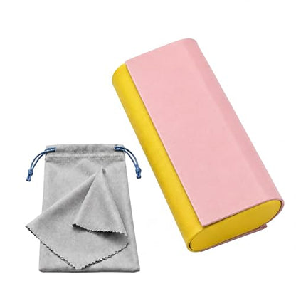 Double Sided Glasses Case Hard Shell,Sunglasses Case & Eyeglass Case with Cleaning Cloth & Storage Pouch - color: Pink-yellow