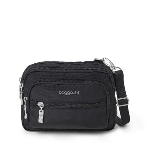 Baggallini Triple Zip Small Crossbody Bag for Women - Lightweight Convertible Fanny Pack Belt Bag - color: Black With Sand Lining, style: Slim Strap
