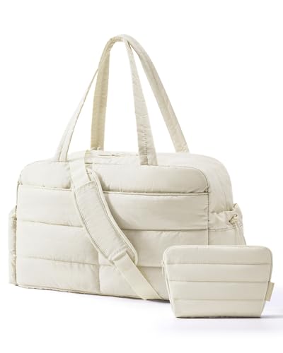 BAGSMART Gym Bag for Women, 2-PC Puffer Travel Duffle Bag Carry On Tote Bag - color: Beige