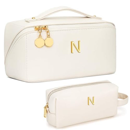 KKXIU Initial Makeup Bag for Women, Personalized Gifts for Women - color: Beige, style: N